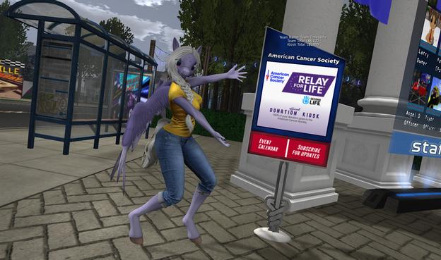 Ember the purple anthro pegasus showing off a Relay For Life donation kiosk in the welcome area at Timesville. She is doing her best to mimic Will Smith's famous "showing off" pose. http://maps.secondlife.com/secondlife/Wild%20Pawz/148/112/22