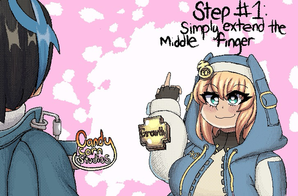 Step 1: simply extend the middle finger. Bridget proceeds to do as such. She still has her goofy smile on her face