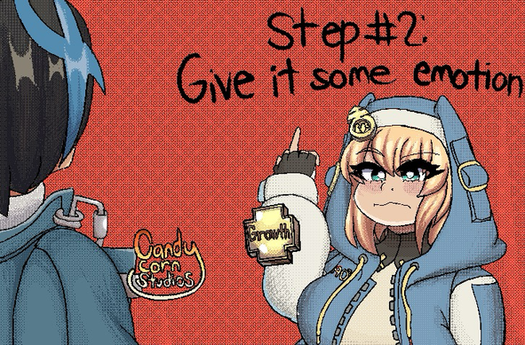 Step 2: give it some emotion”  The picture looks the same as the last one but she is now frowning and the background is red