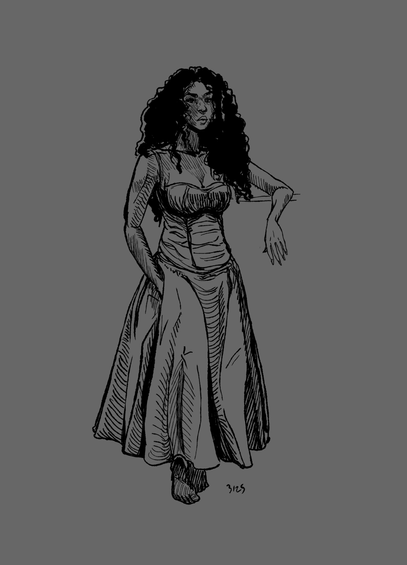 a digital drawing of a woman with curly hair and a dress