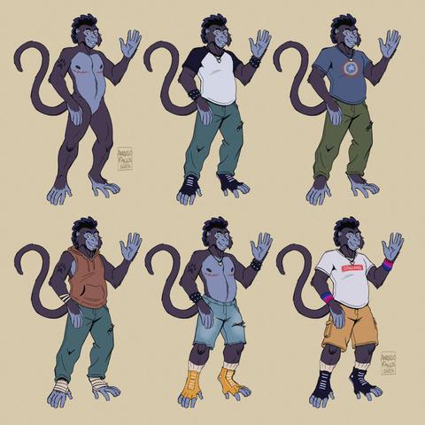 A ref sheet drawing of (Angelo) a trans male anthro spider monkey fursona dressed in various outfits. 

On the Top Left: no clothes/null. Top Middle: baseball tee shirt with blue jeans, studded wristbands and black open toe sneakers. Top Right: Captain America t-shirt and dark green jeans. 

On the Bottom Left: sleeveless hoodie with jeans and footwraps. Bottom Middle: Shirtless with denim shorts, studded wristbands and yellow open toe sneakers. Bottom Right: "Simian" t-shirt with cargo shorts, Bisexual colored sweatbands and black open toe sneakers.