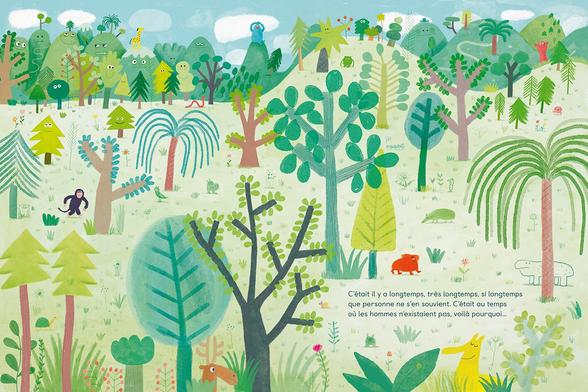 Le début du livre: « C’était il y a longtemps, très longtemps, si longtemps que personne ne s’en souvient. C’était au temps où les hommes n’existaient pas, voilà pourquoi… » (image nature, animaux)