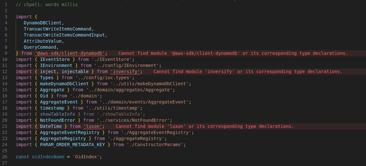 The image shows several lines of import statements in a TypeScript file. Many are underlined with a red squiggly line, indicating that the related package is missing. This is wrong. The TypeScript language server doesn't refresh when the package has been installed.