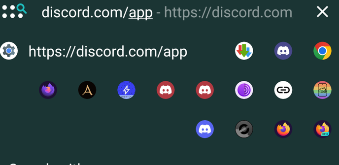 https://discord.com/app link handling 
From top to bottom, left to right.
Advanced Download Manager (ADM), Bunny (Pyoncord), Google Chrome
Firefox Focus, App Manager, Linksheet Nightly, Revenge, Revenge Rewrite, Tor Browser, some link thing, Vendroid 
Discord mobile, Equidroid, Firefox, Firefox Beta