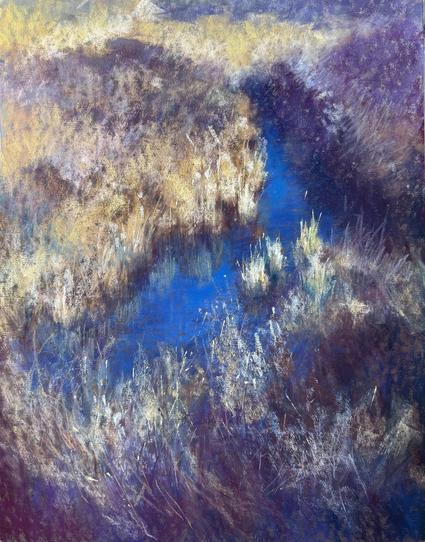 A pastel painting in vertical format. A small creek is running through grasses and brushes. The creek is very blue, reflecting the sky.