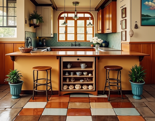 A cozy somewhat retro kitchen with gleaming counters, warm wooden cabinets, teal backsplash, and a tiled floor. However, the counters are arranged so someone in the cooking area cannot get out.