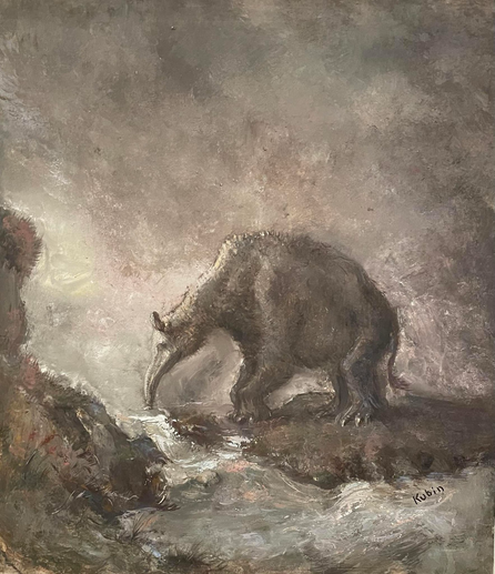 early 20th century painting by an Austrian Symbolist/Expressionist artist, portrait of a lone and unrealistically rotund aardvark in side profile in a murky, desolate, grey-brown landscape