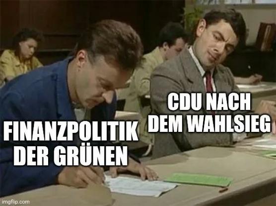 Prüfung Mann verkörpert finanzpolitik der grünen, Mr Bean stibitz CDU nach dem wahlsieg