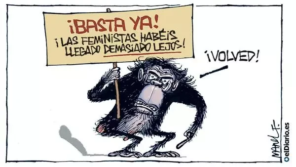 Un simio con una pancarta  que  dice ¡BASTA  YA! ¡Las feministas habéis llegado demasiado lejos! ¡Volved!