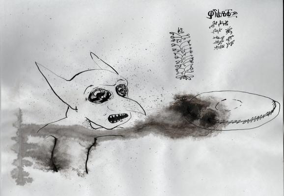 Oh! A discus!
Better catch it, little gob!

Lettering to upper right, in two scripts of sylvin!

Ink and wash, nib