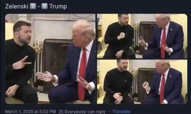 Three still images from the video footage of the talk between Zelenskyy and the Orange Mussolini (and Vance who's not in the picture).

The stills were captured at moments where the hands of Zelenskyy and Mr Stable McGenius suggest they were playing Rock, Paper, Scissors.

Zelenskyy wins 3-0 with Scissors v. Paper, Rock v. Scissors and Paper v. Rock
