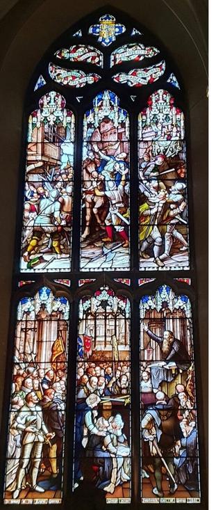 The two-panel stained glass window of St. Giles Cathedral. A breakdown of each of the two panels is given in their individual images.