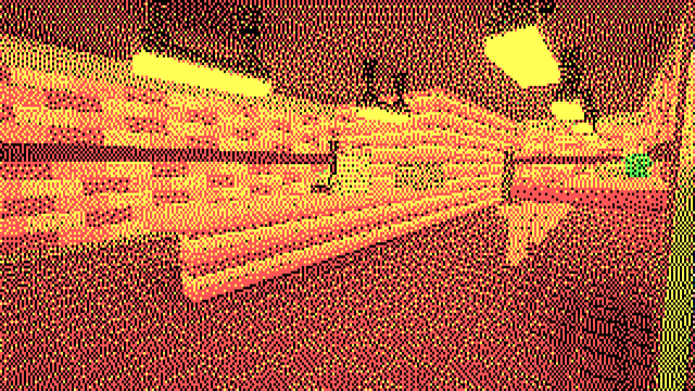 Screenshot of Brickadia, of what appears to be a donut shop; built by maple (@mavica_again@computerfairi.es).

The screenshot is run through bytes ditherinator web app, mimicking the CGA style.