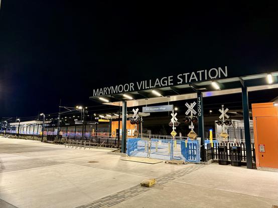 Marymoor Village Station under construction with frontage signage and looking almost ready to open