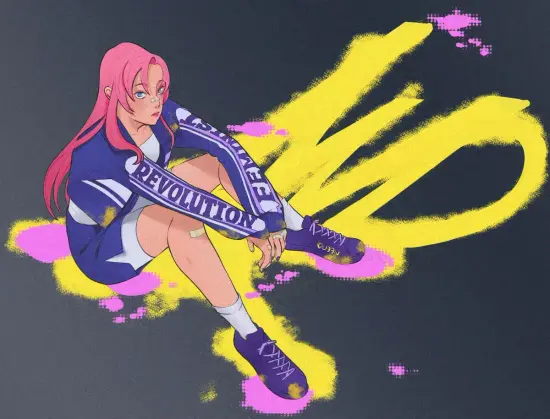 Fanart de Utena sentada con el acrónimo de International Women Day en suelo.