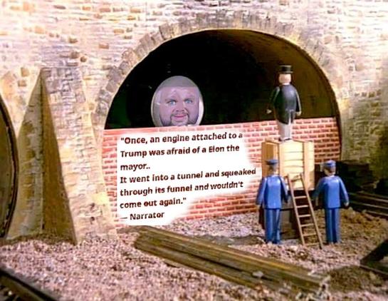 Meme of USA Vice President JD Vance as Henry the Engine from Thomas the Tank Engine. Vance is being bricked up behind a wall because he is afraid of Elon the Mayor, who is facing him on a ladder flanked by two lackeys.
Text reads: "Once, an engine attached to a Trump was afraid of Elon the mayor.. It went into a tunnel and squeaked through its funnel and wouldn't come out again" - Narrator