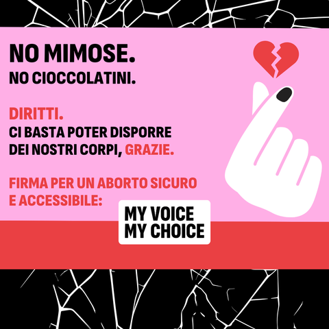 Immagine della campagna My Voice, My Choice.
No mimose. No cioccolatini.
Diritti.
Ci basta poter disporre dei nostri corpi, grazie.
Firma per un aborto sicuro e accessibile.