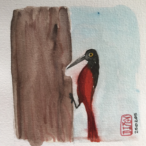 Watercolor illustration of a woodpecker on a trunk