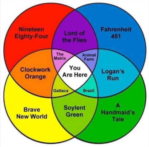Venn diagram with dystopian novels:
Brave New World 
1984
Fahrenheit 451
A Handmaid's tale
And more

In the middle of the diagram:
"You are here"