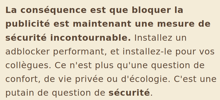 Capture d'écran d'un passage du texte.
La capture montre le passage suivant : 
« La conséquence est que bloquer la publicité est maintenant une mesure de sécurité incontournable. Installez un adblocker performant, et installez-le pour vos collègues. Ce n'est plus qu'une question de confort, de vie privée ou d'écologie. C'est une putain de question de sécurité. »