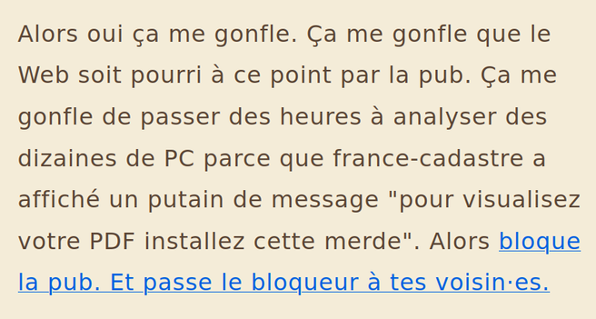 Capture d'écran d'une partie du texte. 
Cette capture montre le passage suivant : 
« Alors oui ça me gonfle. Ça me gonfle que le Web soit pourri à ce point par la pub. Ça me gonfle de passer des heures à analyser des dizaines de PC parce que france-cadastre a affiché un putain de message "pour visualisez votre PDF installez cette merde". Alors bloque la pub. Et passe le bloqueur à tes voisin·es. »