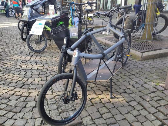 Ein schlankes Lastenrad mit matt grauer Lackierung