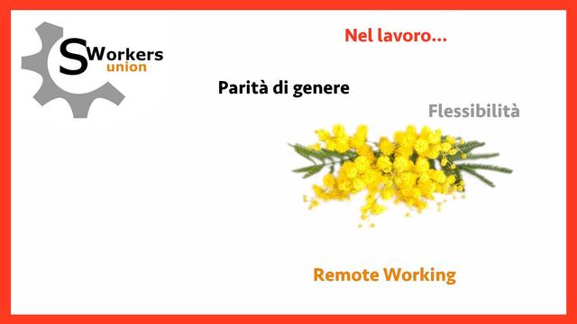 Logo di Smart Workers Union con un mazzo di mimose e tre frasi