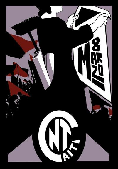 Cartel propagandístico del 8M. Aparece una silueta negra de una persona sosteniendo un cartel grande que dice "8 Marzo" en un diseño estilizado. La persona lleva una escoba y parece estar marchando con una multitud de personas representadas en el fondo con banderas rojas. En la parte inferior, hay un logo circular blanco con las letras "CNT AIT". La imagen tiene una estética gráfica, simple y contundente, evocadora de movimientos sociales y protestas.