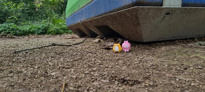 A fourth photo of two tiny toys, an orange cat and a pink bunny made of silicone or rubber. They are sitting on some gravel next to some leaves at the base of a large trash. They are about the size of a lego mini figurine. You can see lots of green ferns and bushes and ivy in the distant background. This is a medium distant photo to show how tiny they are compared to the large trashcan. they are probably like 1/10000 the size of the trashcan.