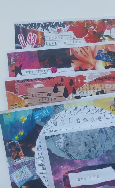 colourful collaged pages with handwritten text of the seasons-zine