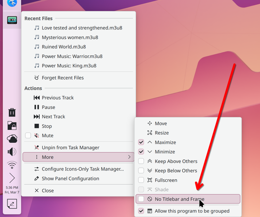 Screenshot showing a windows Task Manager context menu, showing the options to remove the titlebar and frame.