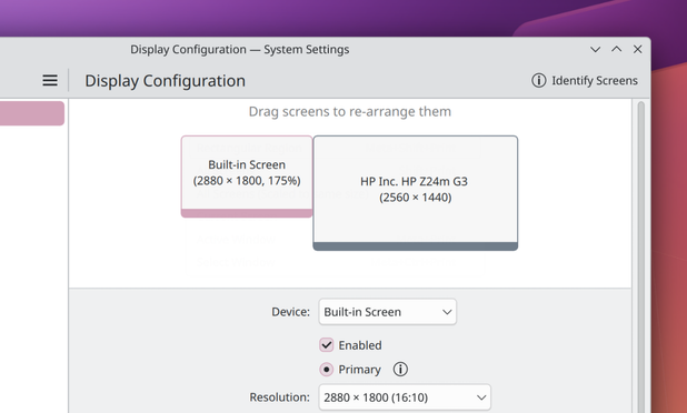 Screenshot showing the Display Configuration page in System Settings, with unnecessary technical information removed.
