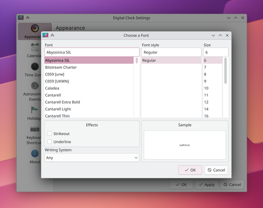Screenshot showing the digital clock's cleaner and tidier font choice dialog.