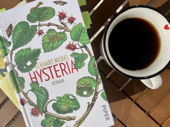 Kaffeebecher neben Eckhart Nickels Roman „Hysteria“, der schräg auf Karen Duves Roman „Macht“ liegt.