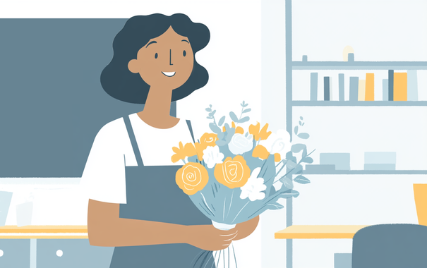 Illustration einen Lehrerin vor einer Schultafel mit einem Blumenstraß in ihren Händen