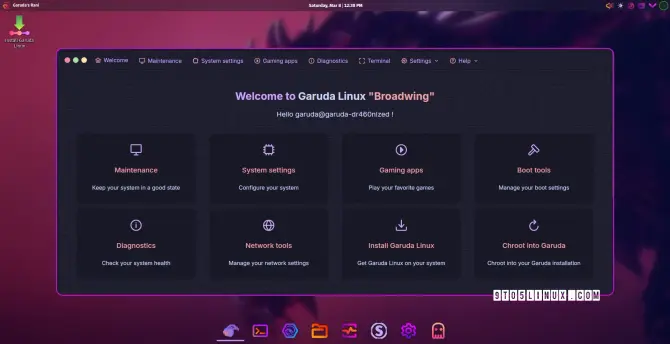 Screenshot of Garuda Linux “Broadwing” showing the new Welcome app.