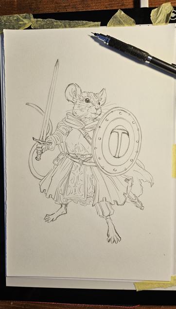 Pencil drawing of an armoured mouse in a defensive battle stance - shield up, but looking pleased