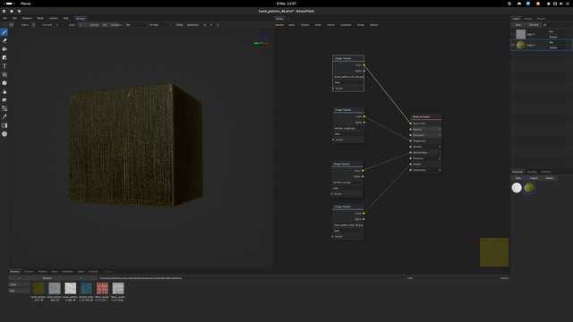 The same fabric material in Armorpaint. The colour has been corrected to yellow instead of blue, and the black splotch is now gone. As this material also uses a Height map: that has also been added to the material before being re-saved.