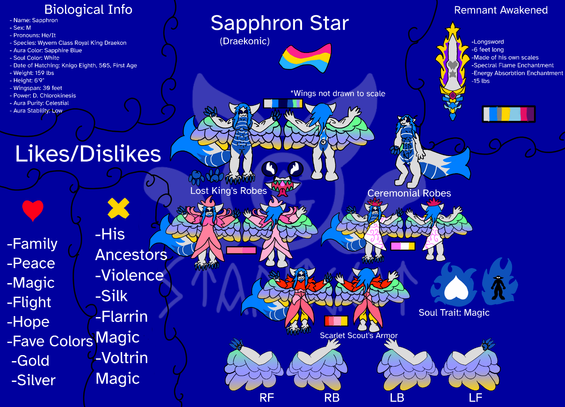 Sapphron is a silver scaled wyvern with prismatic wings attached to his arms, a deep purple mane, and deep purple eyes that glow