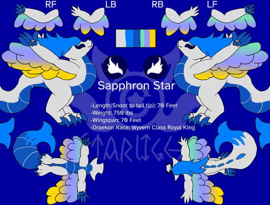 Sapphron is a silver scaled wyvern with prismatic wings attached to his arms, a deep purple mane, and deep purple eyes that glow