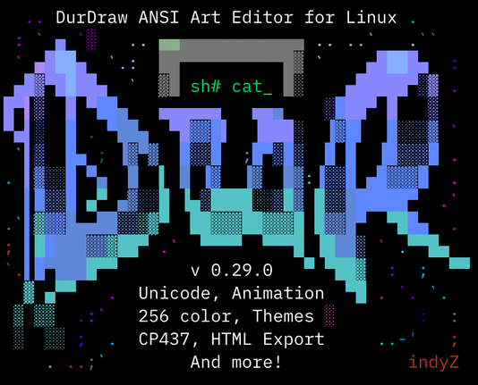 ANSI art of a Dur logo, and the text: DurDraw ANSI art editor for Linux. version 0.29.0 with Unicode, animation, 256 color, themes, ndm ore.