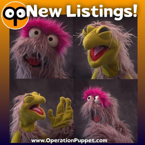 Four images of two live hands puppets made by Kevin, a green and pink alien bird called a Neef and a pink furry monster with movable eyebrows