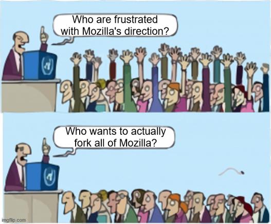 "Who wants change" meme, with the top panel of enthusiastic people being asked "Who are frustrated with Mozilla's direction?" and the bottom panel of suddenly unenthusiastic crowd being asked "Who wants to actually fork all of Mozilla?"