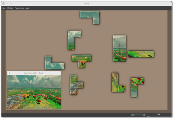 🕶️ A view of its UI, with a window showing the model to be reconstituted (a screenshot of Minetest), and in the background another window with the parts (the tetrominoes) to be assembled (by drag & drop). At the top of this 2nd window are the menus.

📚️ Tetzle is a libre, multi-platform puzzle game whose pieces are Tetrominoes (geometric figures made up of 4 blocks). This port offers the possibility of using any image to produce the puzzle. Cutting ranges from 10 pieces (default) to almost 1000 pieces (slider selection). The playing surface and window can be extended by drag-and-drop. A help function automatically attaches pieces when they are correctly presented. Saving is automatic and the player can navigate between several puzzles as they are solved. Excellent!