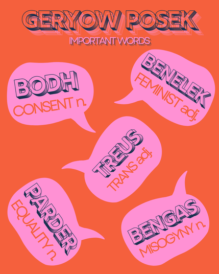Title says "Geryow posek - Important words". Speech bubbles say "bodh (consent) n.", "benelek (feminist) adj.", "treus (trans) adj.", "parder (equality) n.", "bengas (misogyny) n."