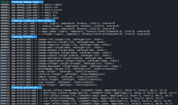 A screenshot of the output produced by a generic RPG engine I started many years ago using Hollywood. There are listed some test objects there are created at runtime like damage types, creature's attributes, effects and alterations.