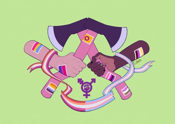 Digital illustration in color of two hands; one from a light-skinned person, the other of a dark-skinned person with their nails painted black, purple, green and pink; holding pink axes, crossing them in a way that reminisces the Labrys lesbian flag. 

A ribbon, with half of the sunset lesbian flag and half of the trans flag, intertwines with the hands and axes. In the middle, a purple transfeminist symbol stands. 

Stickers representing the intersex, bisexual, pansexual, aroace, genderfluid, nonbinary and genderqueer flags are pasted all around the figures. Everything is surrounded by a pastel-green background.