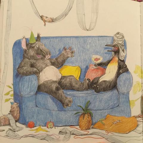 "An illustration featuring two anthropomorphic animals on a couch conversing, with one holding a drink and both appearing surprised or shocked."