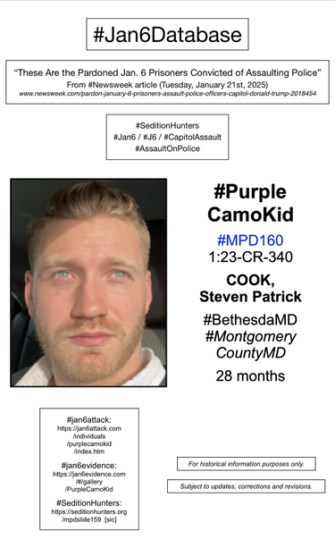 Photo and information about convicted January 6th rioter Steven Patrick Cook (Bethesda, Maryland).