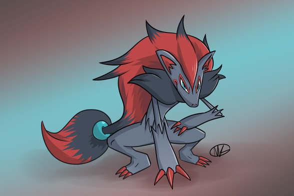 Zoroark, the Pokémon that resembles a black fox with red claws and pony tail, leaned over in a three-point stance, giving a fierce look at the viewer.